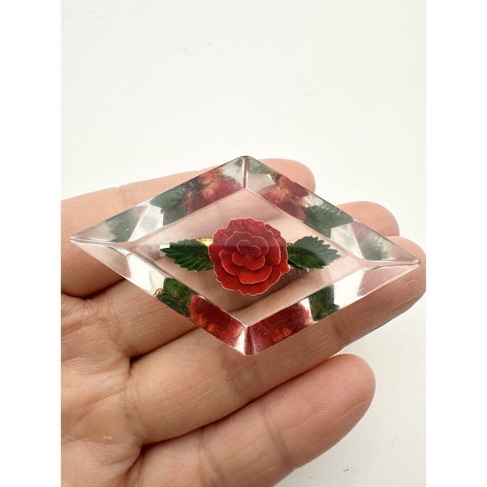 Vintage Flower Carved Lucite Diamond Shape Brooch Pin